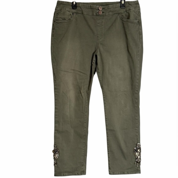 Soft Surroundings Denim - Soft Surroundings Olive Green Cropped Jeans with Embellished Ankles